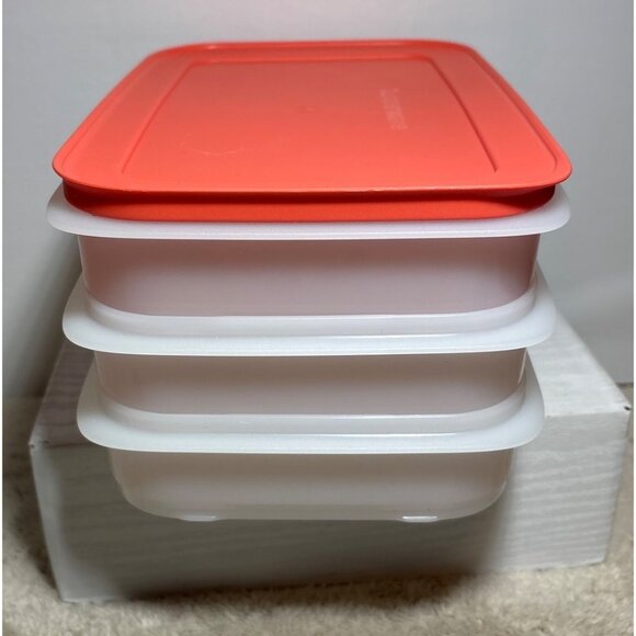 Tupperware Freezer Mate Stackables 3 Sheer Bottom Containers Peach Seal Lid - Picture 8 of 8